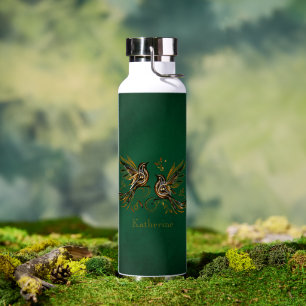 Benutzerdefinierte Vintage-Vögel Blumen Grün Trinkflasche