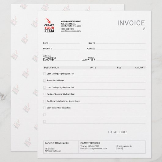 Benutzerdefinierte Vorlage für Mobile Notar-Rechnu Briefbogen (Vorne/Hinten)
