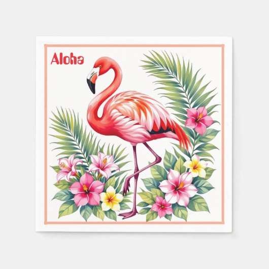 Benutzerdefinierte Wasserfarbe Rosa Flamingo Flora Serviette (Vorderseite)