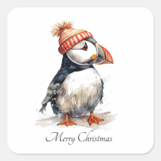 Benutzerdefinierte Weihnachts-Puffin-Orange-Pompon Quadratischer Aufkleber