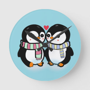 Benutzerdefinierte Winter-Pinguin-Liebe Runde Wanduhr