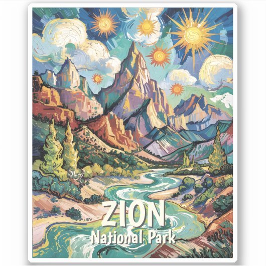 Benutzerdefinierte Zion Mountains & River Van Gogh Aufkleber (Vorderseite)