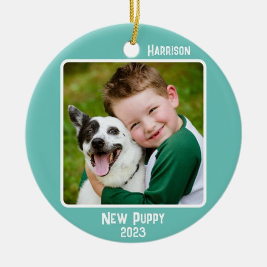 Benutzerdefinierter 2-Foto-Aquamariner Meilenstein Keramik Ornament (Vorne)