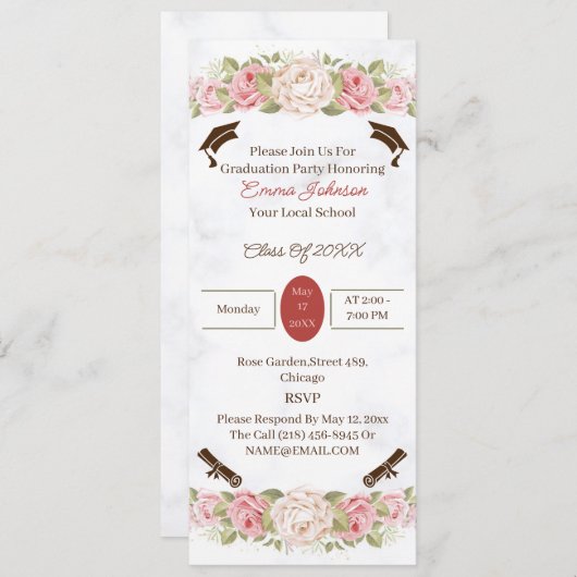 Benutzerdefinierter Abschluss für Elegante Rose Bl Einladung (Vorne/Hinten)