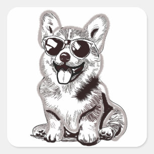 Benutzerdefinierter Corgi-Welpe mit Sonnenbrille   Quadratischer Aufkleber