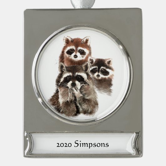 Benutzerdefinierter Datumname Niedlich Raccoon Fam Banner-Ornament Silber (Vorderseite)