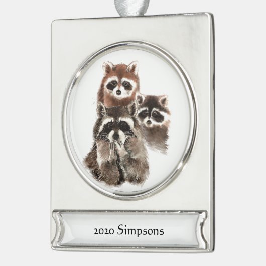 Benutzerdefinierter Datumname Niedlich Raccoon Fam Banner-Ornament Silber (Links)