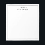 Benutzerdefinierter einfacher Name Notizblock<br><div class="desc">Die Kunst der schicken Organisation mit unserem handgefertigten Notizblock. Unser personalisiertes minimalistisches Design, umrissen mit einem schlichten schwarzen Rahmen und in eleganter Schriftzeichen mit Ihrem Namen verziert, verleiht Ihren Alltagsaufgaben eine persönliche Touch. Behalt deine Inspirationen auf, fasse wichtige Erinnerungen zusammen und drücke deine Kreativität auf unserem hochwertigen Papier aus, das...</div>
