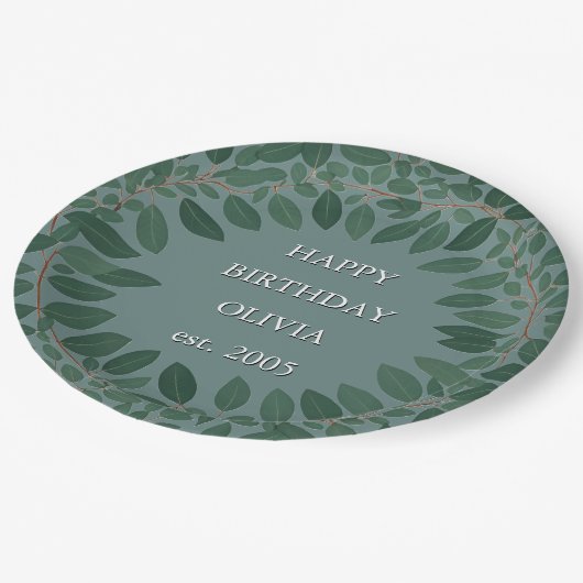 Benutzerdefinierter Eukalyptus-Rahmen - Retroblau Pappteller (Schrägansicht)