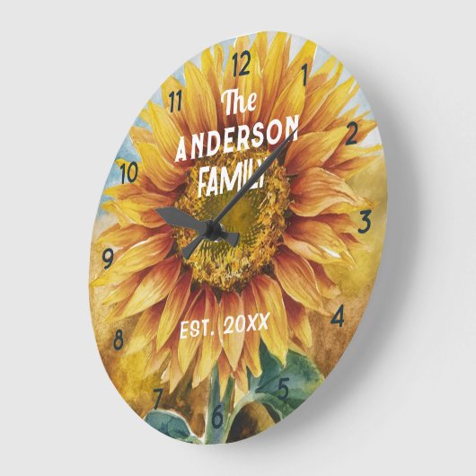 Benutzerdefinierter Familienname Farmhous Sonnenbl Große Wanduhr (Winkel)