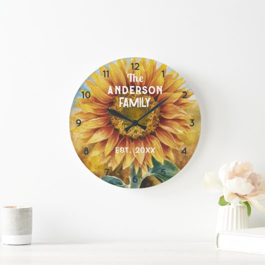 Benutzerdefinierter Familienname Farmhous Sonnenbl Große Wanduhr (Zuhause)