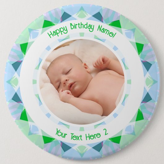 Benutzerdefinierter Foto Name Age Blue Green Gebur Button (Vorderseite)