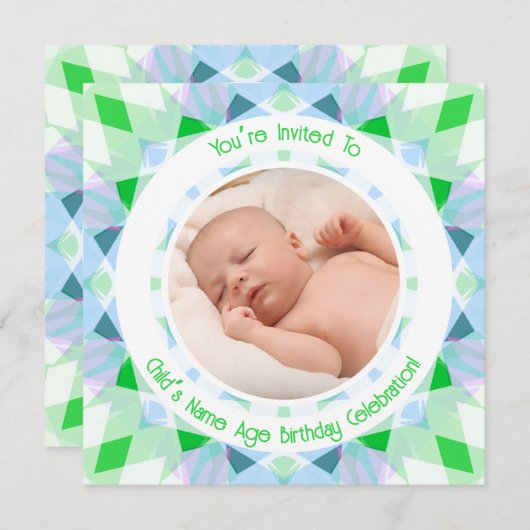 Benutzerdefinierter Foto Name Age Blue Green Gebur Einladung (Vorne/Hinten)