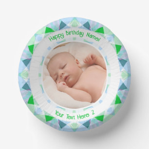 Benutzerdefinierter Foto Name Age Blue Green Gebur Pappteller