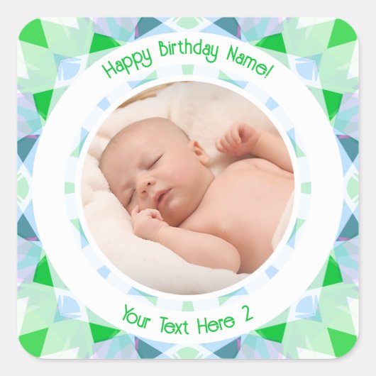 Benutzerdefinierter Foto Name Age Blue Green Gebur Quadratischer Aufkleber (Vorderseite)