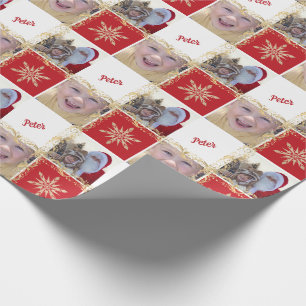 Benutzerdefinierter Foto-Name Gold & Roter Weihnac Geschenkpapier