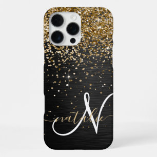 Benutzerdefinierter Gold Glitter Schwarz Glanz Mon iPhone 16 Pro Max Hülle