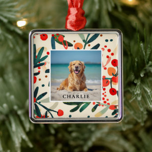 Benutzerdefinierter Haustiername Foto Holly Beeren Ornament Aus Metall