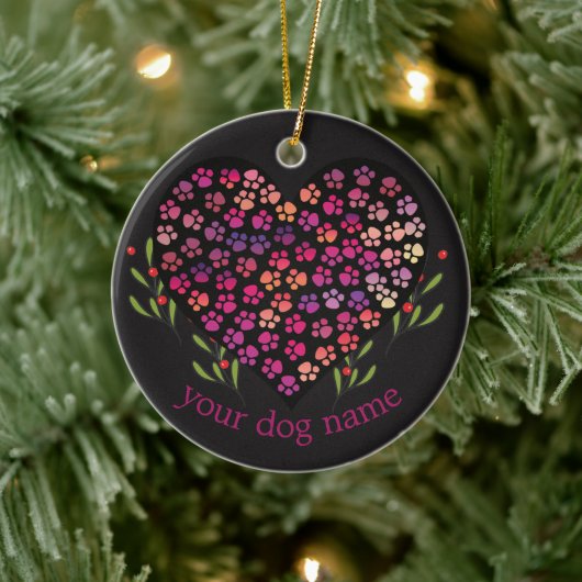 Benutzerdefinierter Hundename, Hunde Paw Heart Blä Keramik Ornament (Baum)