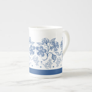 Benutzerdefinierter Indigo-Blumenrand-Knochenporze Porzellantasse