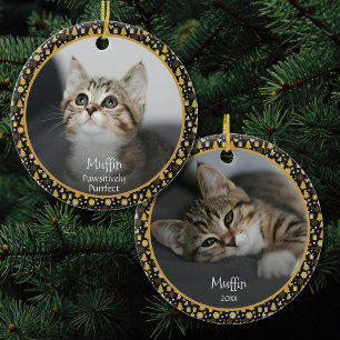 Benutzerdefinierter Katzenname 2 Foto Schwarz Gold Keramik Ornament