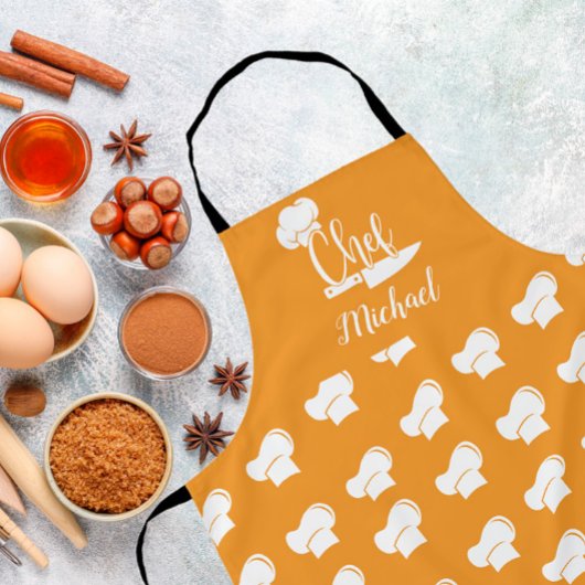 Benutzerdefinierter Koch mit Name Orange & White K Schürze