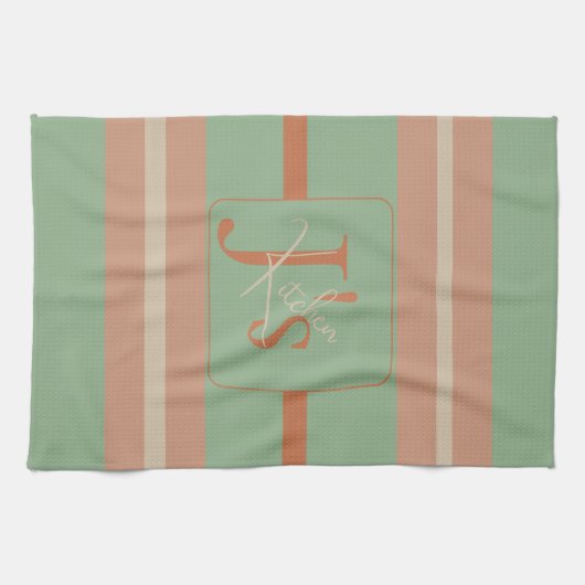 Benutzerdefinierter Korallen-Salbei-Streifen-Monog Geschirrtuch (Horizontal)