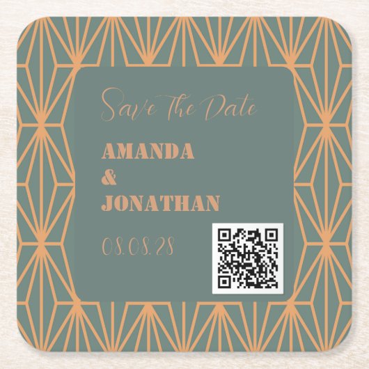 Benutzerdefinierter moderner QR-Code Save the Date Rechteckiger Pappuntersetzer (Vorderseite)