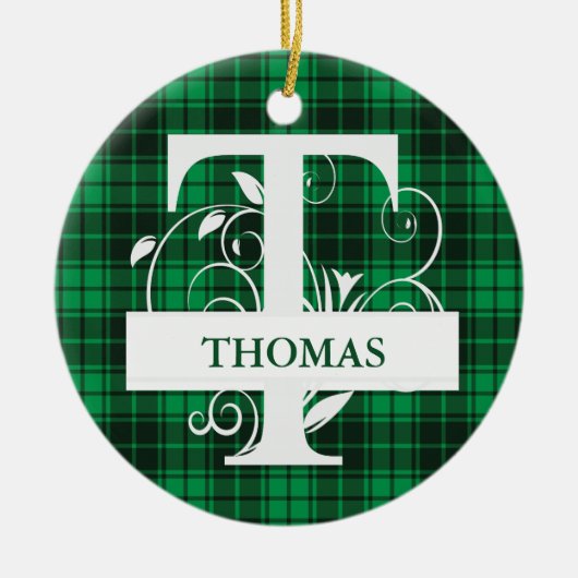 Benutzerdefinierter Monogramm-Brief T Grüner Karie Keramik Ornament (Vorne)