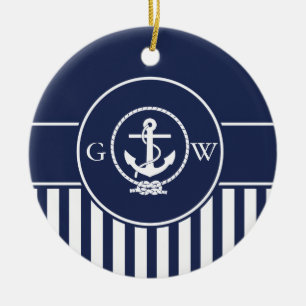 Benutzerdefinierter Monogramm-Gestreifter-Nautisch Keramik Ornament