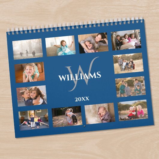 Benutzerdefinierter Monogramm-Name Blau Foto Kalender