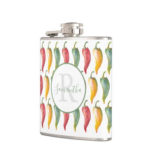 Benutzerdefinierter monogrammatischer Chili Pepper Flachmann (Links)