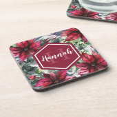 Benutzerdefinierter Monogrammname Red Poinsettia Getränkeuntersetzer (Linke Seite)