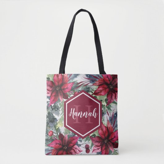 Benutzerdefinierter Monogrammname Red Poinsettia Tasche (Vorderseite)
