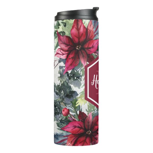 Benutzerdefinierter Monogrammname Red Poinsettia Thermosbecher (Nach links gedreht)