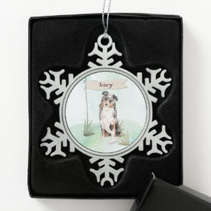 Benutzerdefinierter Name Australian Shepherd Hund Schneeflocken Zinn-Ornament