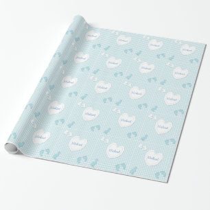 Benutzerdefinierter Name Baby Junge Herz Gingham P Geschenkpapier