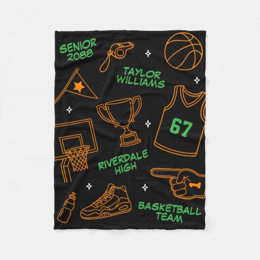 Benutzerdefinierter Name Basketball-Doodle-Muster Fleecedecke (Vorderseite)