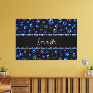 Benutzerdefinierter Name, blaue glitzernde Hundepf Leinwanddruck