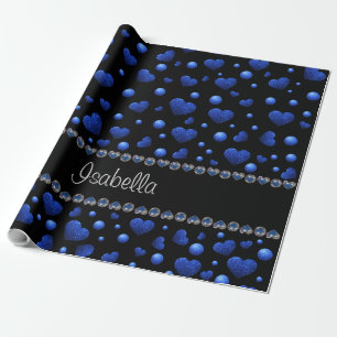 Benutzerdefinierter Name, Blaues Herz-Glitter-Must Geschenkpapier