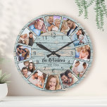 Benutzerdefinierter Name der FotoCollage Natural W Runde Wanduhr<br><div class="desc">Erstellen Sie einfach Ihre eigene personalisierte blaue,  rustikale Trittholzplanken im Stil eines Seehauses mit Wanduhr mit Ihren individuellen Fotos,  Familiennamen und festem Jahr. Um die besten Ergebnisse zu erzielen,  schneiden Sie die Bilder vor dem Hochladen auf Quadrat - mit dem Fokuspunkt in der Mitte.</div>
