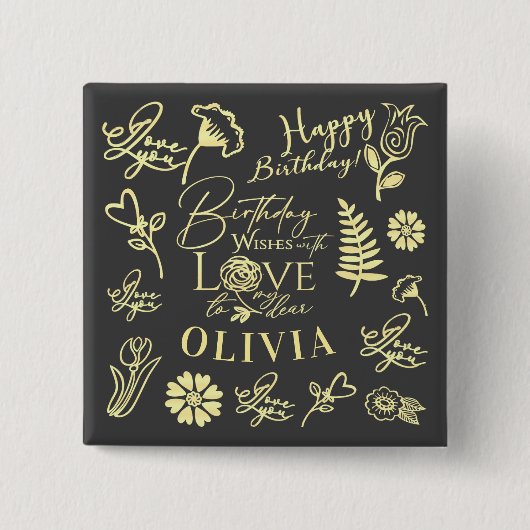Benutzerdefinierter Name Florale Typografie Geburt Button (Vorderseite)