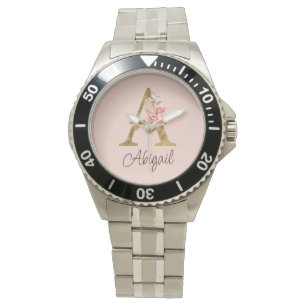 Benutzerdefinierter Name Goldfolie Blush Rosa Rose Armbanduhr