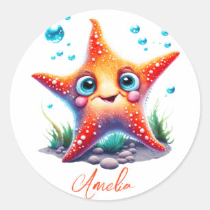 Benutzerdefinierter Name Lächeln Orange Starfish L Runder Aufkleber