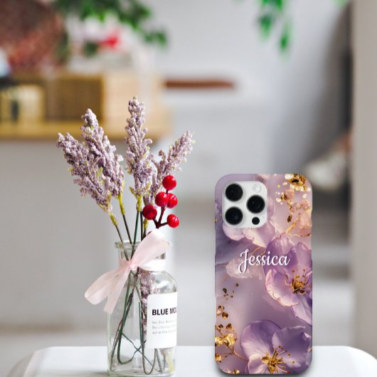 Benutzerdefinierter Name Lavendel Blumen Gold Pers iPhone Hülle