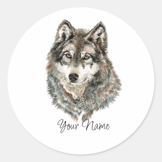 Benutzerdefinierter Name oder Text Wolf Aquarell T Runder Aufkleber (Vorderseite)