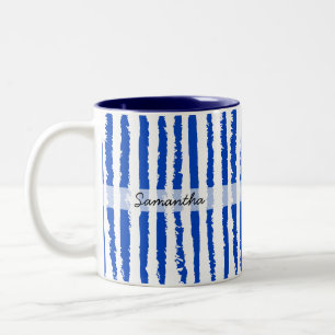 Benutzerdefinierter Name Preppy Blau Gestreift Zweifarbige Tasse
