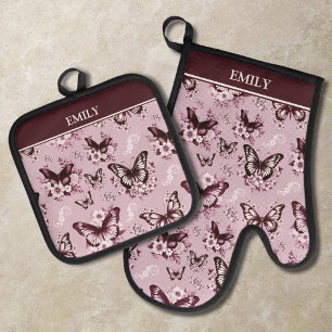 Benutzerdefinierter Name Rosa Schmetterling Muster Ofenhandschuh & Topflappen-Set