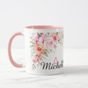 Benutzerdefinierter Name Rosa Wasserfarbe Floral M Tasse