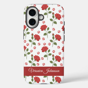 Benutzerdefinierter Name Rote Rosen & Pfotenabdruc iPhone 16 Hülle